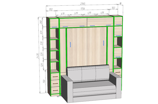 Шкаф-кровать трансформер с диваном Изи-6